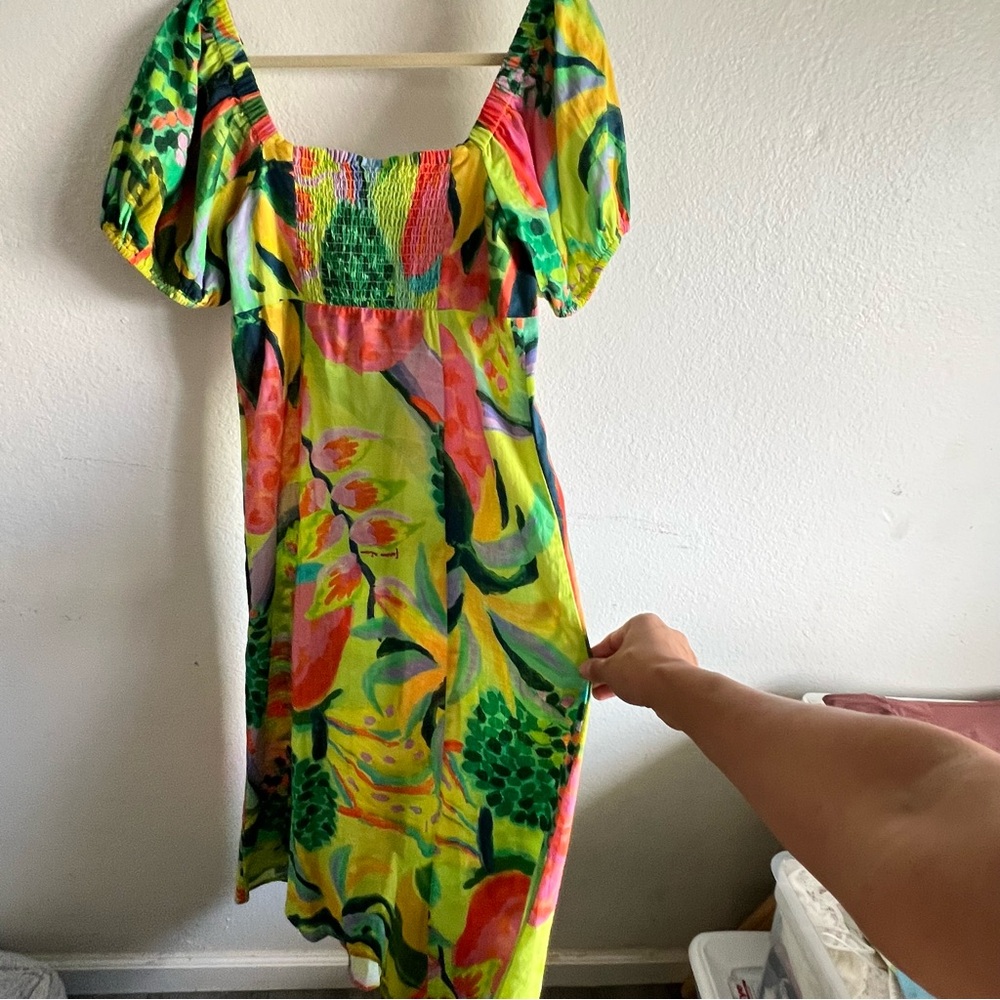 Anthropologie Farm Rio Midi Dress Puff Sleeves Green, Yellow, and Pink NWT - Picture 4 of 12